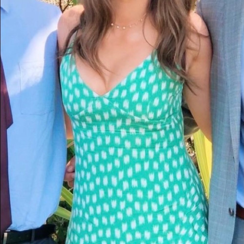 Midi length dress, green and white pattern